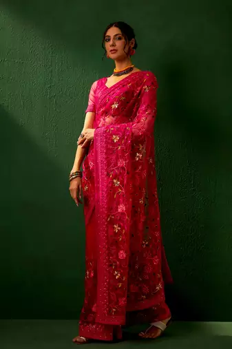 Magenta Color Embroidered Work Net Saree With Blouse