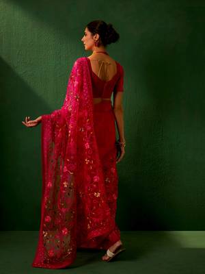 Magenta Color Embroidered Work Net Saree With Blouse 5