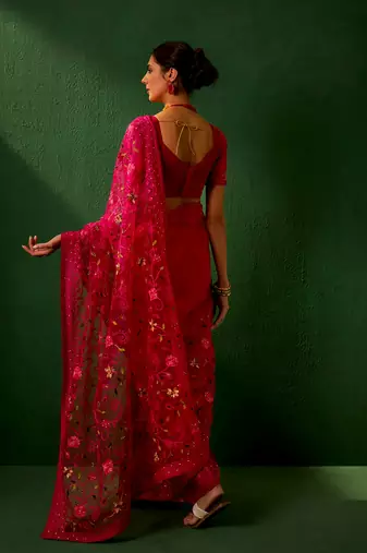 Magenta Color Embroidered Work Net Saree With Blouse