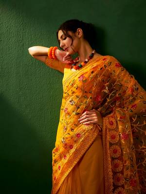 Mustard Color Embroidered Work Net Saree With Blouse 1