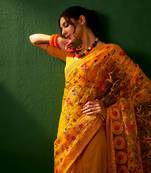 Mustard Color Embroidered Work Net Saree With Blouse