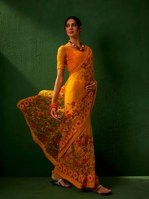 Mustard Color Embroidered Work Net Saree With Blouse 2