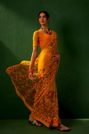 Mustard Color Embroidered Work Net Saree With Blouse
