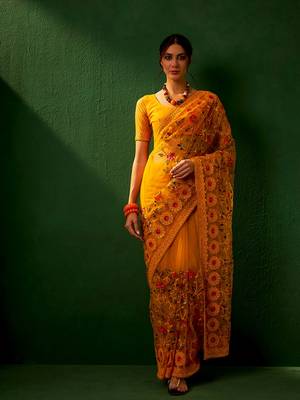 Mustard Color Embroidered Work Net Saree With Blouse 3