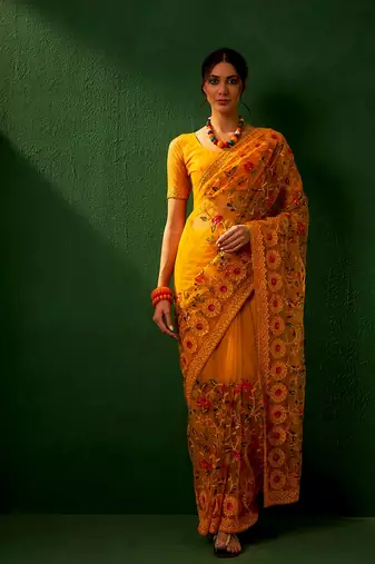Mustard Color Embroidered Work Net Saree With Blouse