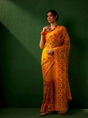 Mustard Color Embroidered Work Net Saree With Blouse 4