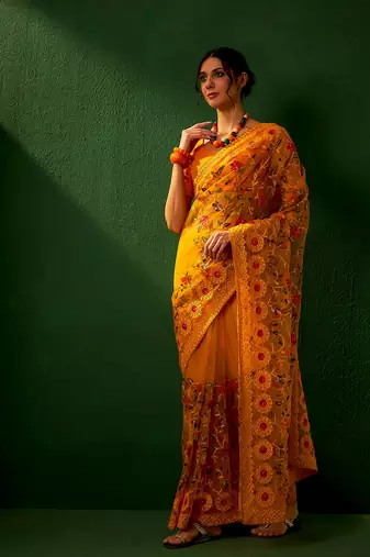 Mustard Color Embroidered Work Net Saree With Blouse