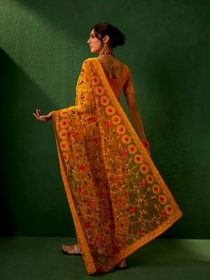 Mustard Color Embroidered Work Net Saree With Blouse 5