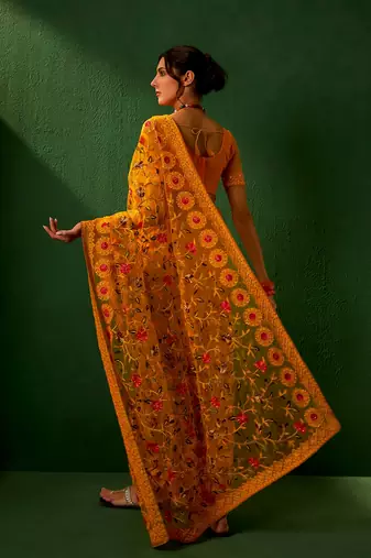 Mustard Color Embroidered Work Net Saree With Blouse