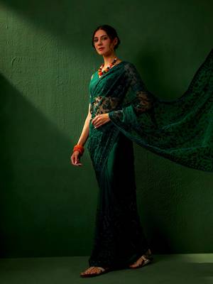 Teal Color Embroidered Work Net Saree With Blouse 1