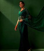Teal Color Embroidered Work Net Saree With Blouse