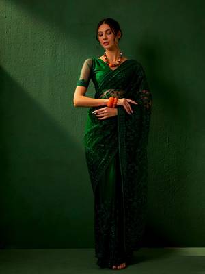 Teal Color Embroidered Work Net Saree With Blouse 2