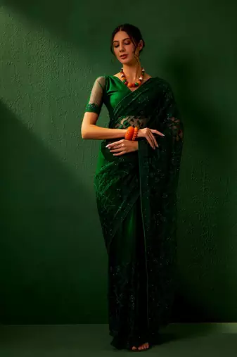 Teal Color Embroidered Work Net Saree With Blouse