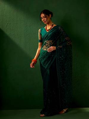 Teal Color Embroidered Work Net Saree With Blouse 3