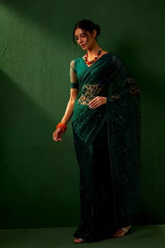 Teal Color Embroidered Work Net Saree With Blouse