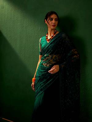 Teal Color Embroidered Work Net Saree With Blouse 4