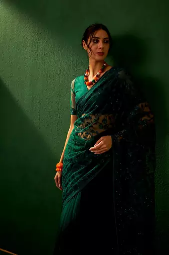 Teal Color Embroidered Work Net Saree With Blouse