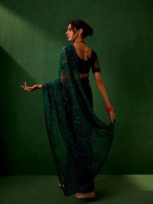 Teal Color Embroidered Work Net Saree With Blouse 5