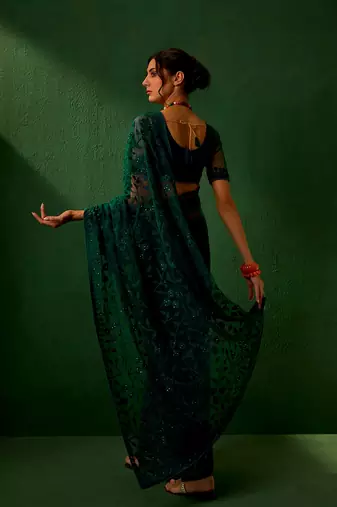 Teal Color Embroidered Work Net Saree With Blouse