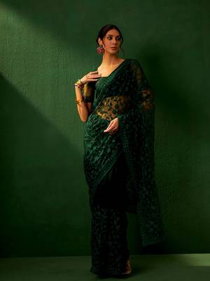 Forest Green Net Threadwork Saree with Blouse 1