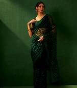 Forest Green Net Threadwork Saree with Blouse
