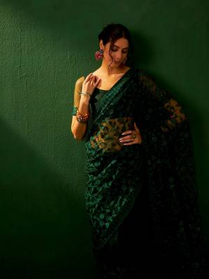 Forest Green Net Threadwork Saree with Blouse 2