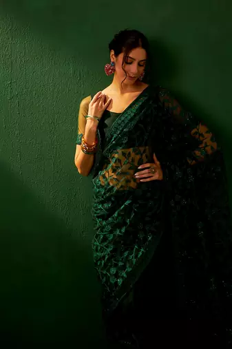 Forest Green Net Threadwork Saree with Blouse