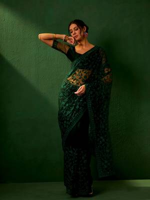 Forest Green Net Threadwork Saree with Blouse 3