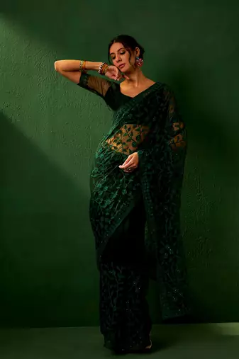 Forest Green Net Threadwork Saree with Blouse