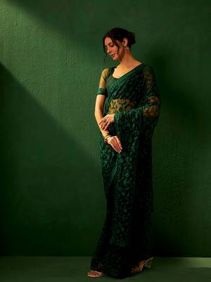 Forest Green Net Threadwork Saree with Blouse 4