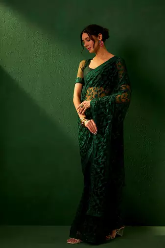 Forest Green Net Threadwork Saree with Blouse