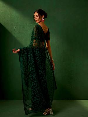 Forest Green Net Threadwork Saree with Blouse 5