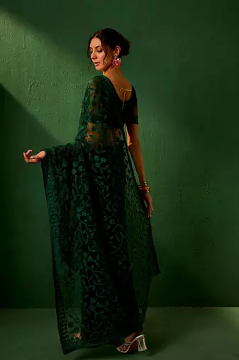 Forest Green Net Threadwork Saree with Blouse