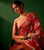 Red Color Weaving Work Organza Silk Blend Saree With Blouse