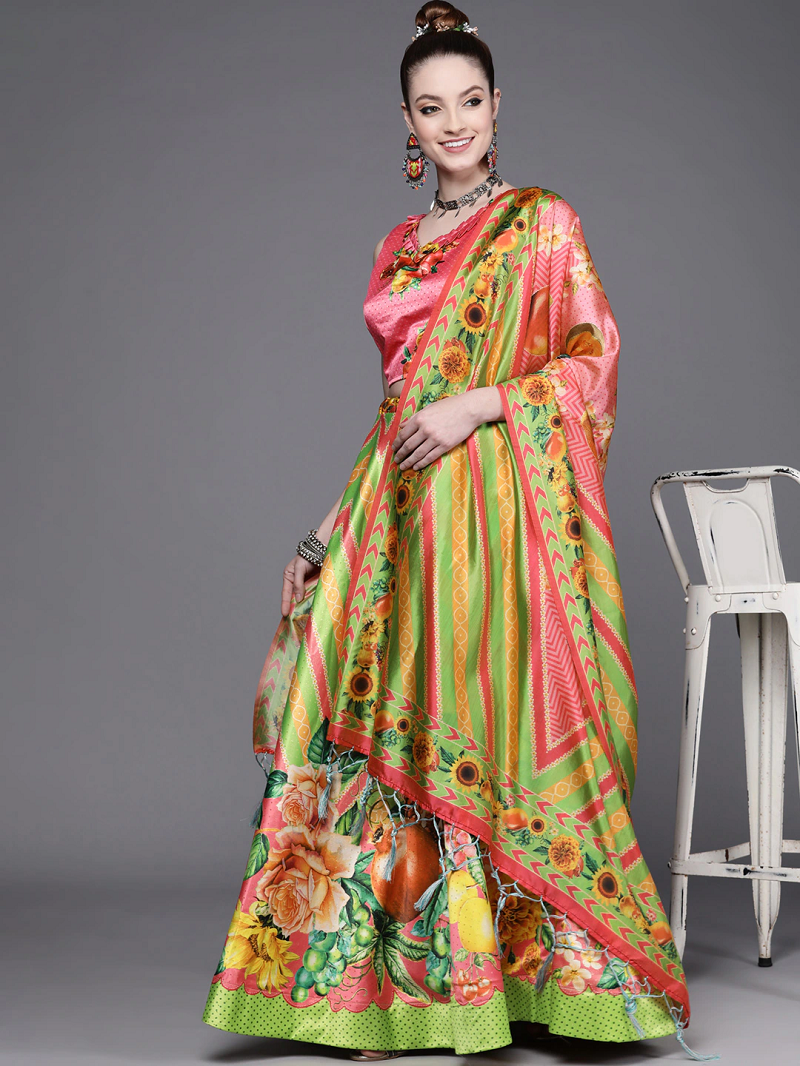 Parrot Green Digtial Printed Lehenga Choli Set With Dupatta