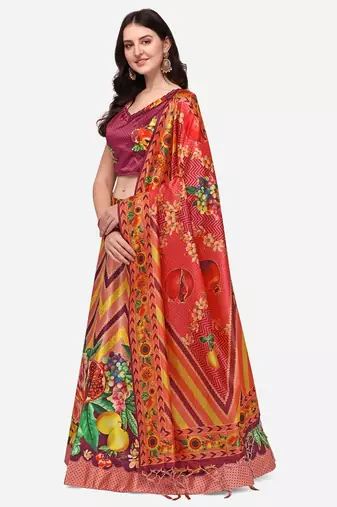 Wine Digtial Printed Lehenga Choli Set With Dupatta