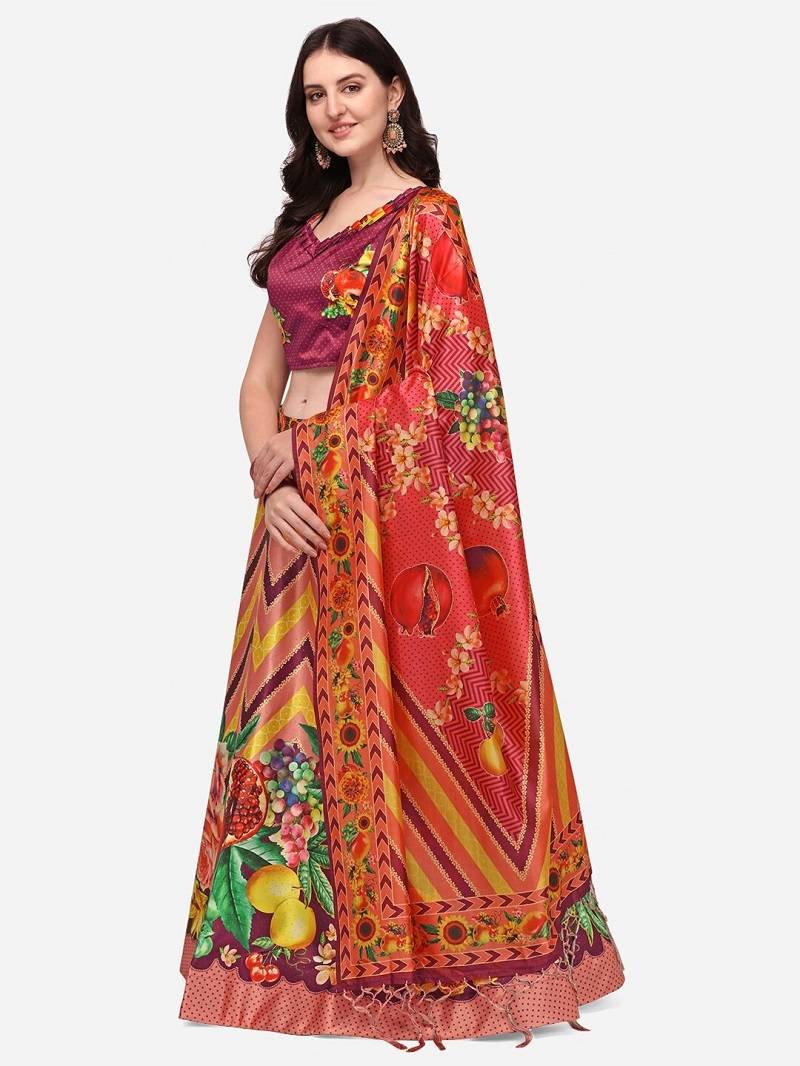 Wine Digtial Printed Lehenga Choli Set With Dupatta