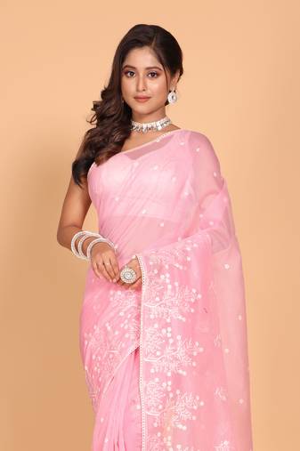 Supernet cotton embroidery saree(Pink)