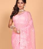 Supernet cotton embroidery saree(Pink)