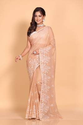 Supernet cotton embroidery saree(Brown) 1