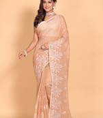 Supernet cotton embroidery saree(Brown)