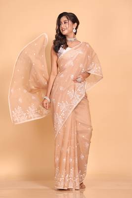 Supernet cotton embroidery saree(Brown) 3