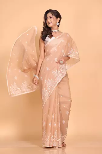 Supernet cotton embroidery saree(Brown)