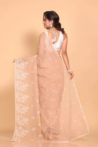 Supernet cotton embroidery saree(Brown)