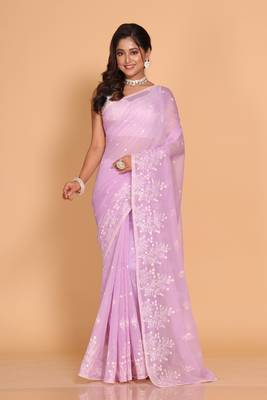 Supernet cotton embroidery saree(Purple) 1