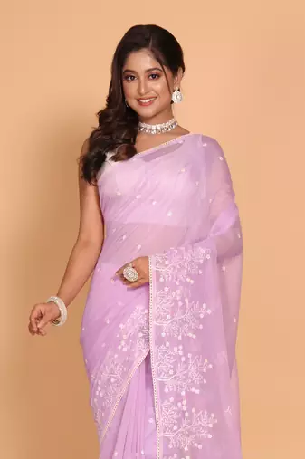 Supernet cotton embroidery saree(Purple)