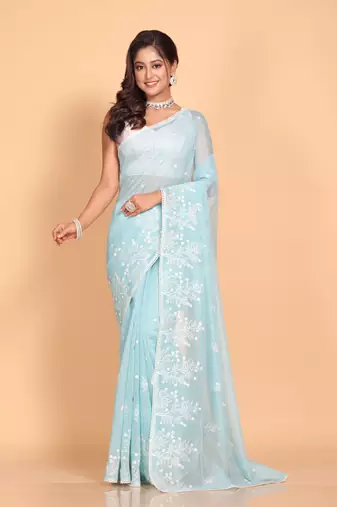 Supernet cotton embroidery saree(Sky Blue)