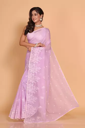 Supernet cotton embroidery saree(Purple)