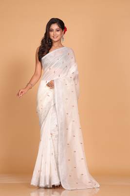 Supernet cotton embroidery saree(Off White) 1