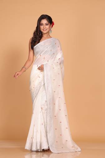Supernet cotton embroidery saree(Off White)